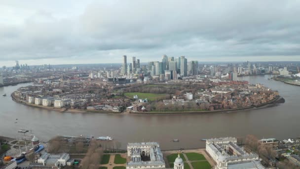 Greenwich London Distrikt Flygbild Med Cutty Sark Och Isle Dogs — Stockvideo