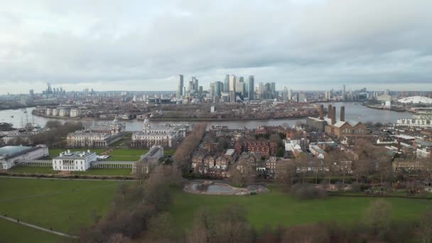 Greenwich London Distrikt Flygbild Med Cutty Sark Och Isle Dogs — Stockvideo