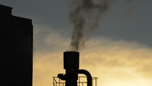 Cheminée industrielle expirant la fumée au coucher du soleil — Video