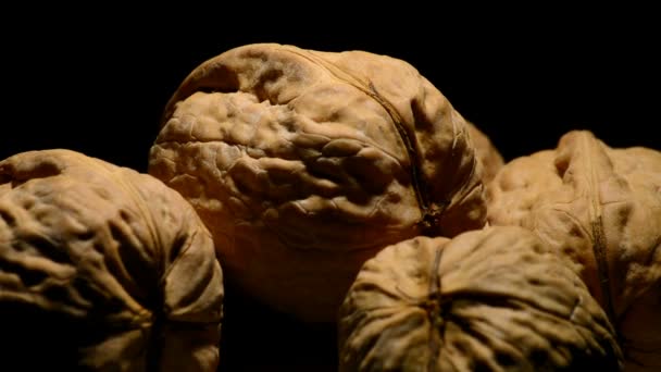 Walnuts in rotation on black background — Stock Video