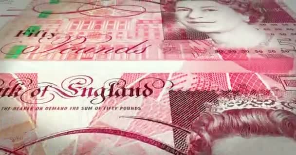 Serie av sedlar av femtio pund sterling för bank of england på print, kontanta pengar, loop — Stockvideo