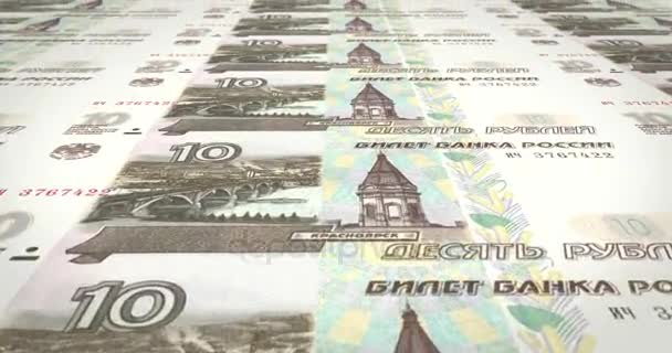 Банкноты 10 рублей русские катятся по экрану, наличные деньги, петля — стоковое видео