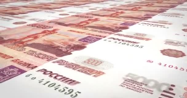Notas de cinco mil rublos russos rolando na tela, dinheiro em dinheiro, loop — Vídeo de Stock
