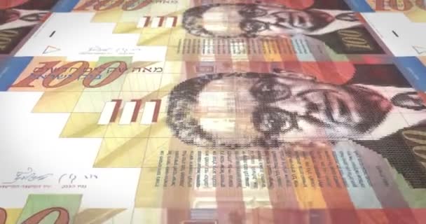 Banknoten zu hundert israelischen Schekel, die auf dem Bildschirm rollen, Bargeld, Schleife — Stockvideo