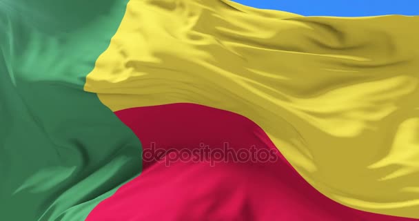 Бенийский флаг, медленно машущий ветром с голубым небом, петля — стоковое видео