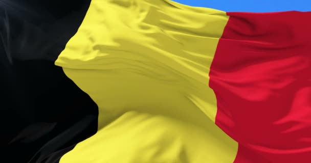 Belgische Flagge weht im Wind bei langsamem blauem Himmel, Schleife — Stockvideo