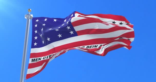 Bandera de Bikini Atoll, miembro de las Islas Marshall, ondeando al viento lentamente con cielo azul, bucle — Vídeo de stock