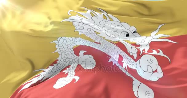 Bhutan flag waving at wind in slow with blue sky, loop — Stock Video