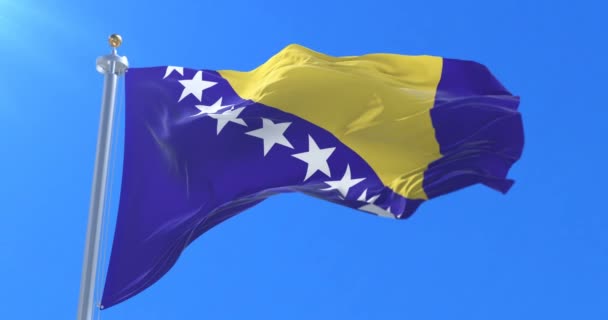 Bosnië en Herzegovina vlag zwaaien op wind in langzaam met blauwe hemel, lus — Stockvideo