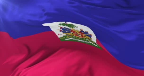 Bandera haitiana ondeando al viento con cielo azul, lazo — Vídeo de stock