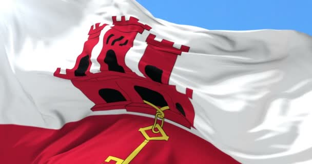 Vlag Van Gibraltar Zwaaien Wind Met Blauwe Hemel Lus — Stockvideo