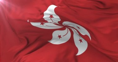 Hong Kongonese bayrak sallayarak rüzgarda, yavaş mavi gökyüzü ile döngü