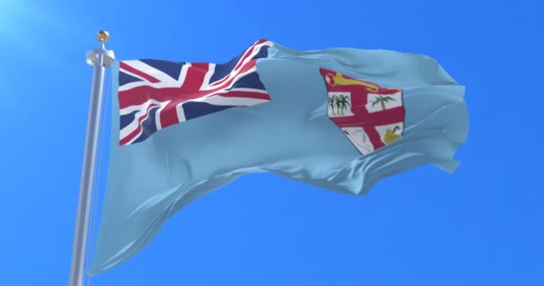 Прапор Фіджі Розмахуючи Вітер Синє Небо Повільно Петля — стокове відео
