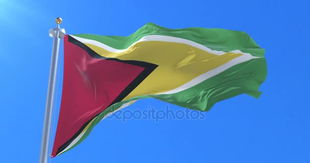 Vlag van Guyana zwaaien op wind in het langzaam in blauwe hemel, lus — Stockvideo