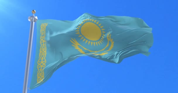 Vlag Van Kazachstan Zwaaien Wind Met Blauwe Hemel Traag Lus — Stockvideo
