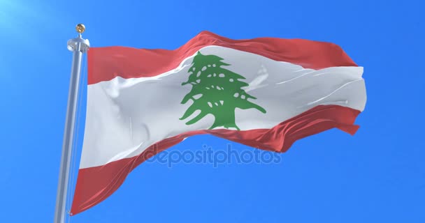 Yavaş Döngü Içinde Mavi Gökyüzü Ile Lübnan Bayrak Sallayarak Rüzgar — Stok video