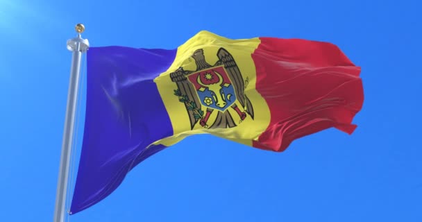 Flag Moldova Waving Wind Slow Blue Sky Loop — Stock Video