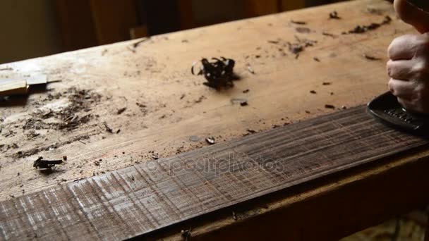 Luthier Lixar Madeira Com Uma Plaina Madeira Para Fabricar Novo — Vídeo de Stock