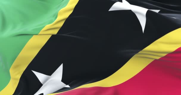 Saint Kitts Nevis Vlag Zwaaien Wind Langzaam Met Blauwe Hemel — Stockvideo