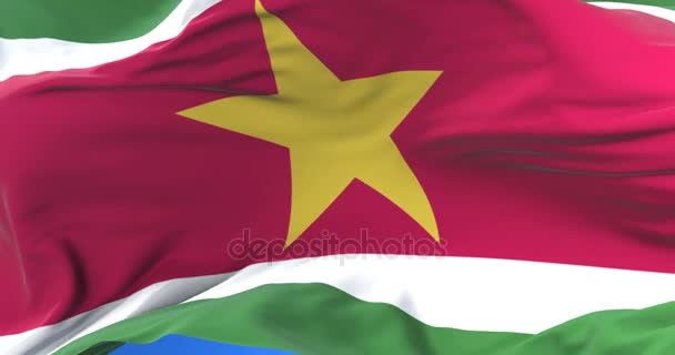 Suriname Flagge Weht Wind Langsam Blauem Himmel Schleife — Stockvideo