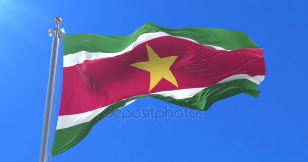 青空に低速の風に手を振ってスリナムの国旗 ループ — ストック動画