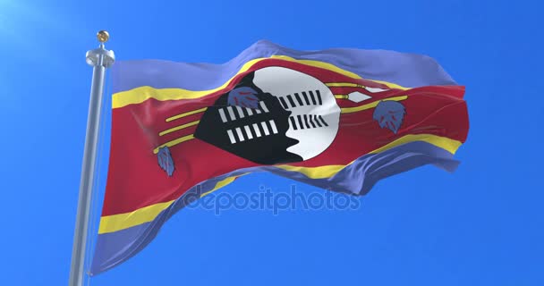 Bandera Suazilandia Ondeando Viento Lentamente Cielo Azul Bucle — Vídeo de stock