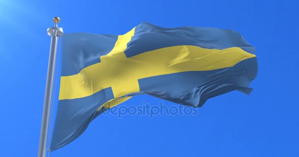 Vlag Van Zweden Zwaaien Wind Het Langzaam Blauwe Hemel Lus — Stockvideo