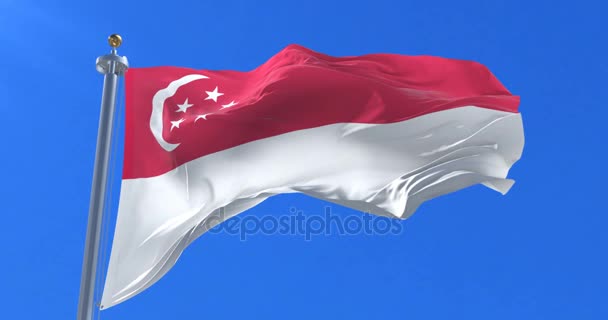 シンガポールの国旗と青い空 ゆっくり風に手を振ってループします — ストック動画