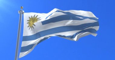 Uruguay yavaş mavi gökyüzü ile rüzgarda sallayarak bayrak, döngü