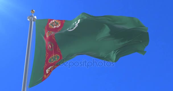 Vlag Van Turkmenistan Zwaaien Wind Langzaam Met Blauwe Hemel Lus — Stockvideo