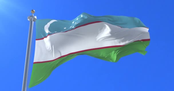 Bandera Uzbekistán Ondeando Viento Lentamente Con Cielo Azul Bucle — Vídeos de Stock