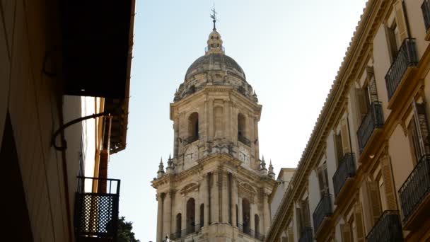 Toren Van Malaga Cathedral Spanje Tussen Twee Straten — Stockvideo