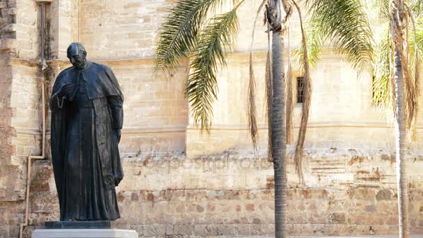 Standbeeld Van Priester Buitenkant Van Kathedraal Kerk — Stockvideo