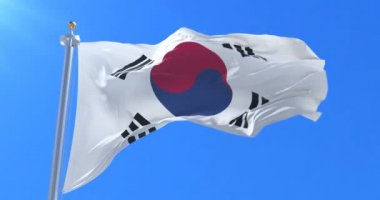 Güney Kore bayrağı mavi gökyüzü ile Rüzgar sallıyor, döngü