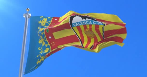 Bandera Valencia Club Fútbol Español Ondeando Viento Bucle — Vídeos de Stock