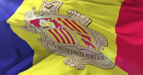Bandeira Andorrana Acenando Vento Lento Com Céu Azul Loop — Vídeo de Stock