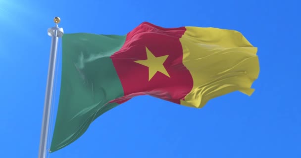 Bandera Camerunesa Ondeando Viento Lento Con Cielo Azul Bucle — Vídeo de stock