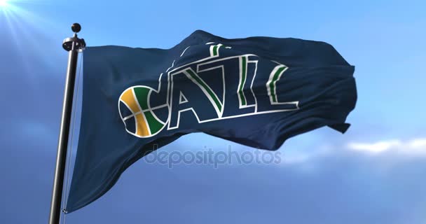 Nba 犹他爵士乐队的旗帜 美国职业篮球队 在风环挥舞 — 图库视频影像