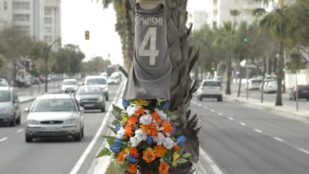 Bunga Dan Kemeja Lampu Jalan Untuk Mengenang Kecelakaan Lalu Lintas — Stok Video