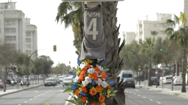 Blumen Und Hemd Einer Straßenlaterne Zum Gedenken Einen Verkehrsunfall — Stockvideo