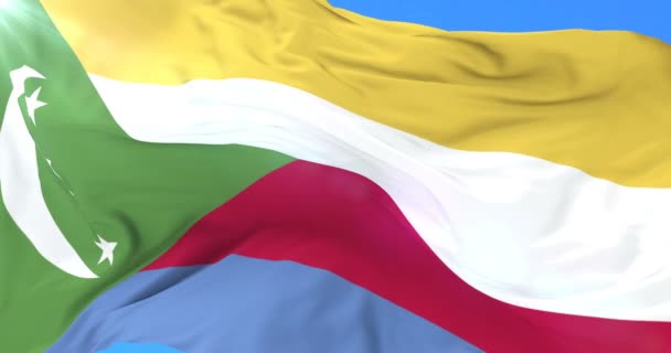 Bandera Las Comoras Ondeando Viento Con Cielo Azul Lazo — Vídeo de stock