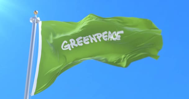 Greenpeace Flagga Vajande Vinden Med Blå Himmel Slinga — Stockvideo