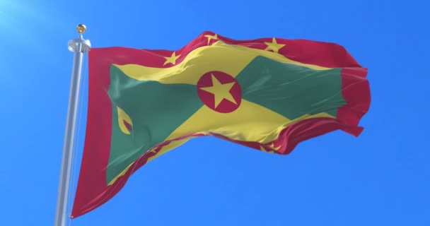 Flagga Grenada Viftande Vinden Långsamt Blå Himmel Slinga — Stockvideo