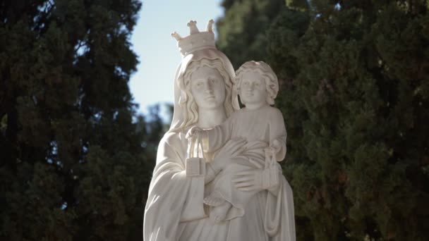 Jungfrau Maria Gekrönt Statue Mit Kind Arm — Stockvideo