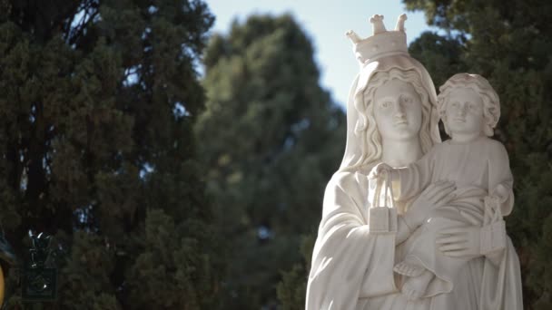 Estatua Virgen María Coronada Con Niño Brazos Día Soleado — Vídeo de stock