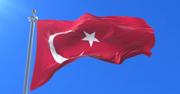 Turkey Flag Waving Wind Slow Blue Sky Loop — Stock Video