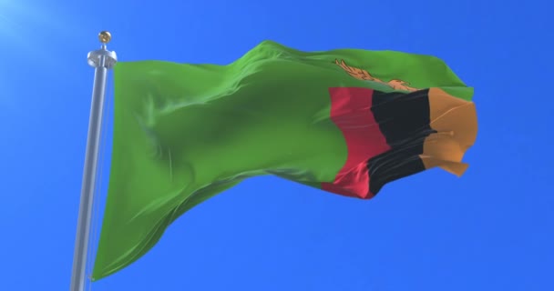赞比亚国旗在风中挥舞着蓝色的天空 — 图库视频影像
