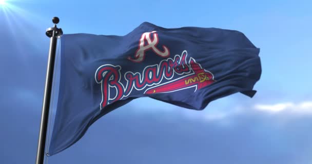 Bandeira Equipe Atlanta Braves Equipe Beisebol Profissional Americano Acenando Vento — Vídeo de Stock