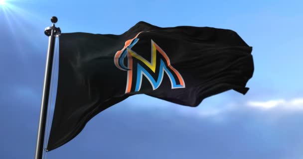 Флаг Команды Майами Марлинс Американской Профессиональной Бейсбольной Команды Машущей Ветру — стоковое видео