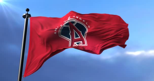 Los Angeles Angels Flag Amerikanische Professionelle Baseballmannschaft Winkt Schleife — Stockvideo